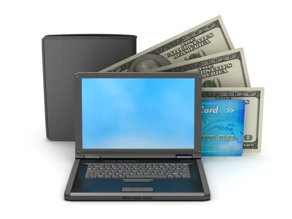 Personal computer, dollars, credit card en lederen portefeuille — Stockfoto