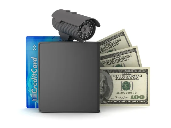 Tarjeta de crédito, billetes de dólar, billetera y cámara de monitoreo —  Fotos de Stock