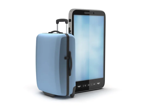 Bagagem e smartphone em fundo branco — Fotografia de Stock