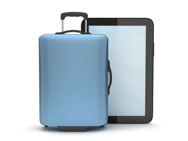 Tablet computer and suitcase on white background — Stock Photo, Image