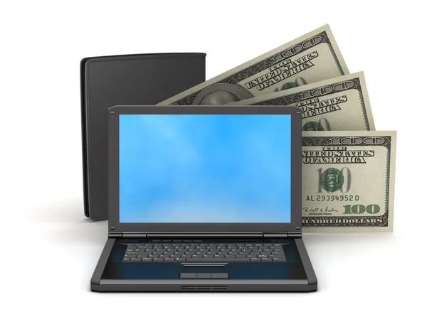 Notas de dólar, carteira de couro e laptop — Fotografia de Stock