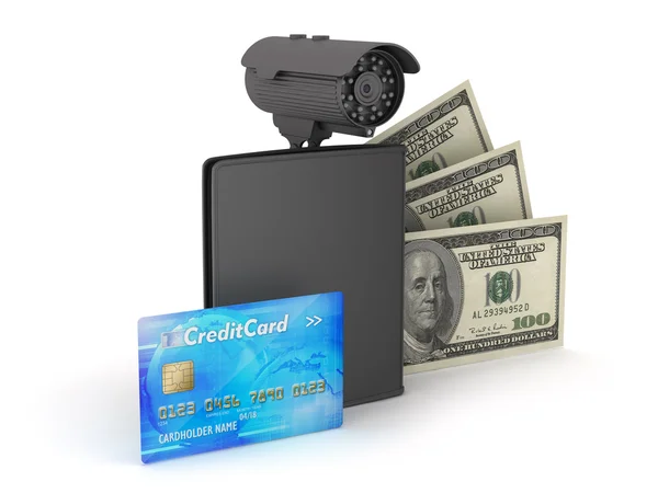 Dinero de seguridad - facturas, tarjeta de crédito, billetera y videovigilancia —  Fotos de Stock