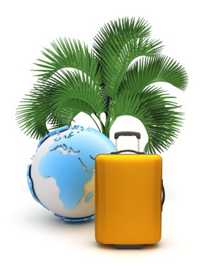 bavul, beyaz zemin üzerine dünya Küre ve palmiye ağacı