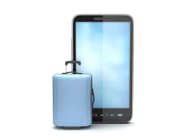 Мобильный телефон и сумка для путешествий на белом фоне — стоковое фото