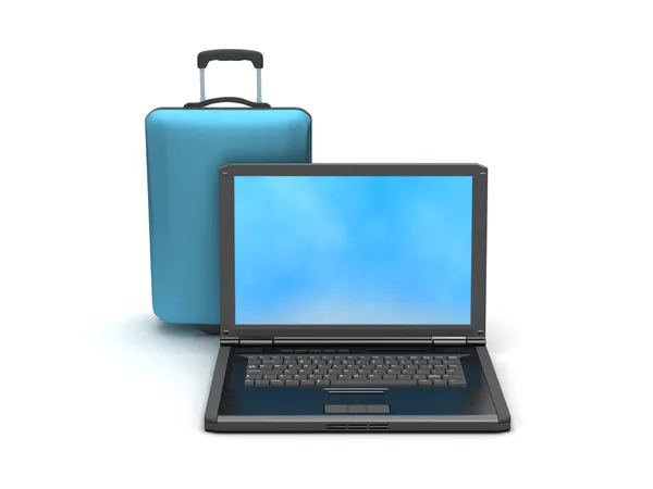 Laptop and travel bag on white background — Stock Photo, Image