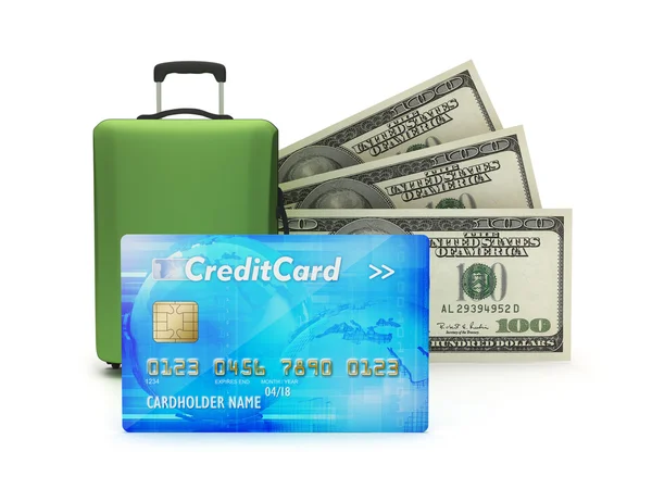 Kreditkort, travel bag och dollarn räkningar — Stockfoto