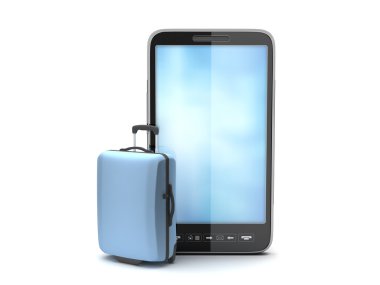 Beyaz arka plan üzerinde seyahat çanta ve cep telefonu
