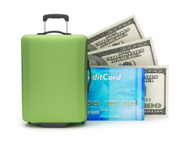 beyaz zemin üzerine seyahat çanta, para ve kredi kartı