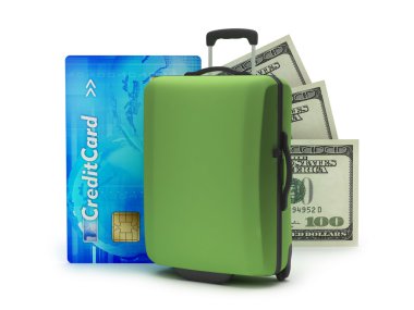 koffer, credit card en dollarbiljetten op witte achtergrond