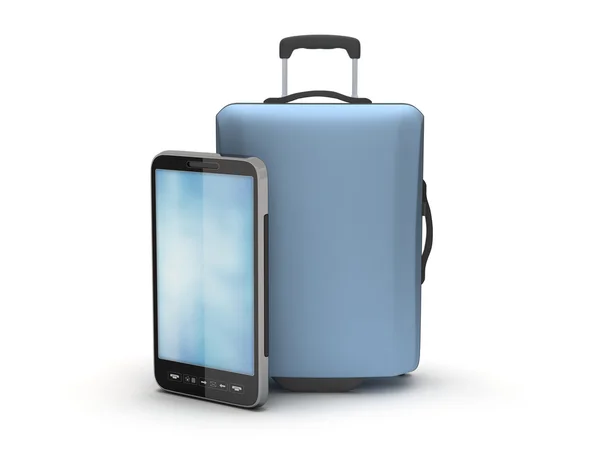 Smartphone et valise bleue sur fond blanc — Photo