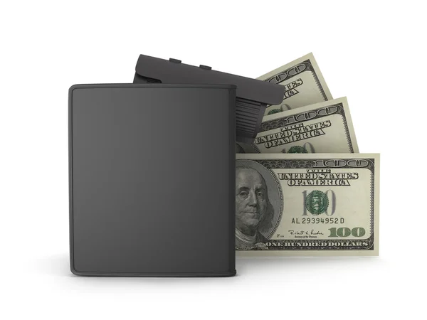 Black wallet, dollar bills and video	surveillance camera — Stock Photo, Image