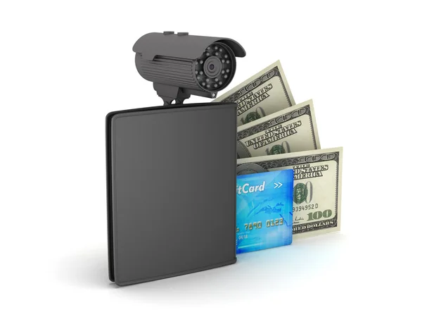 Dollar bills, wallet, credit card and video surveillance camera — Stock Photo, Image