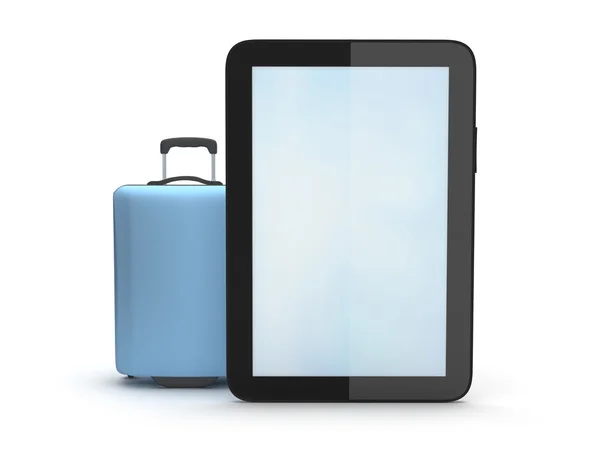 Koffer en Tablet PC computer op witte achtergrond — Stockfoto
