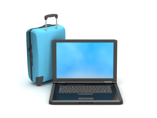 Laptop en reizen tas op witte achtergrond — Stockfoto