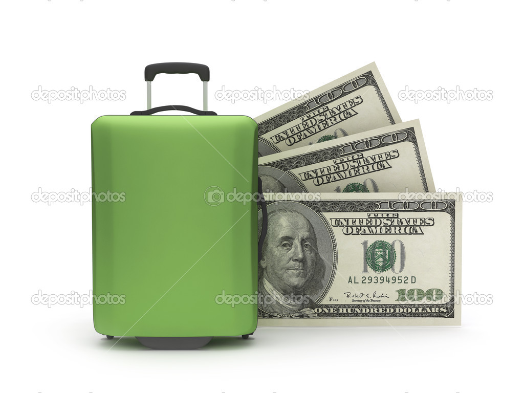 Travel bag and dollar bills on white background