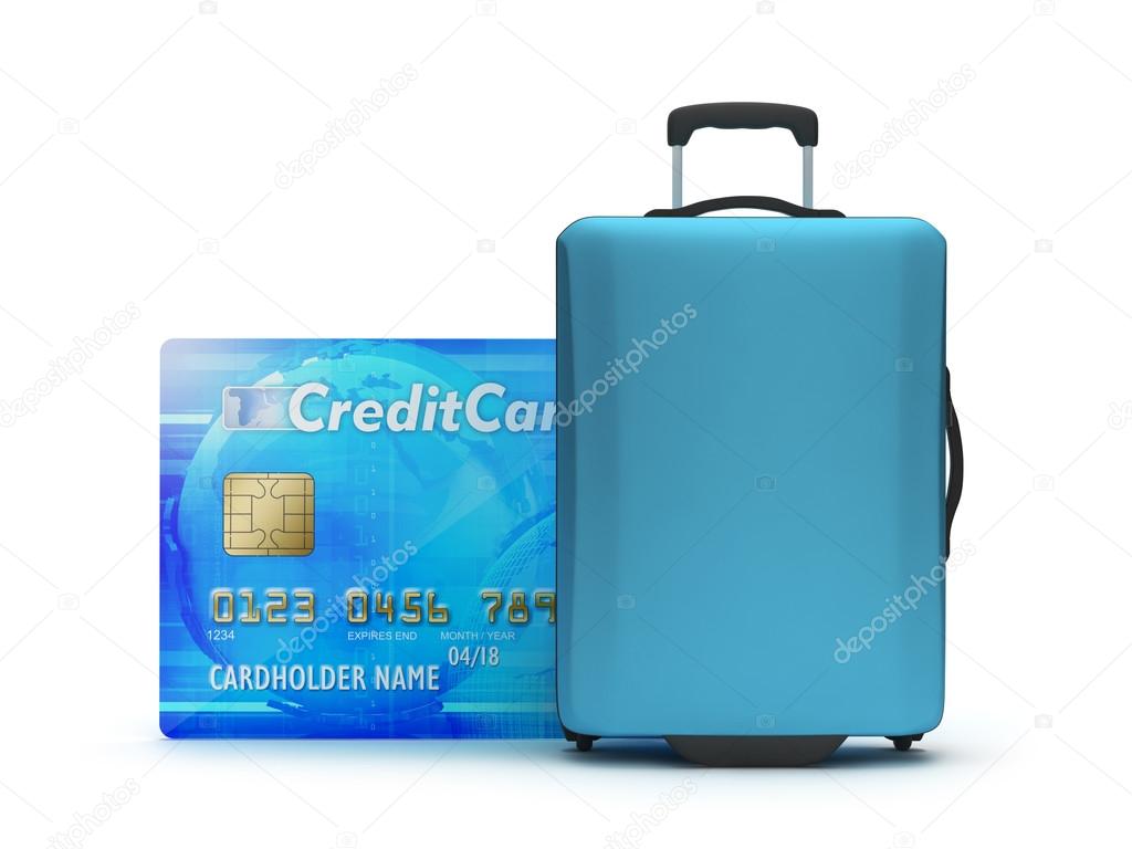 Travel bag and credit card on white background