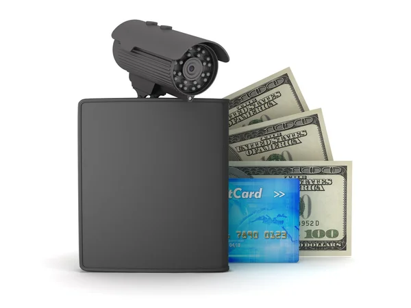 Video surveillance camera, dollars, credit card and wallet on wh — Stock Photo, Image