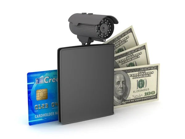 Credit card, dollar bills, wallet and monitoring camera — Stock Photo, Image