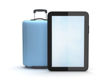 beyaz zemin üzerine bavul ve tablet bilgisayar