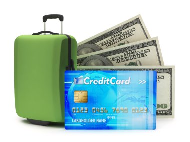 kredi kartı, seyahat çantası ve dolar faturaları