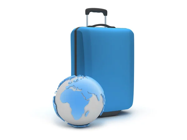 Suitcase and earth globe as travel symbols — Stock Photo, Image