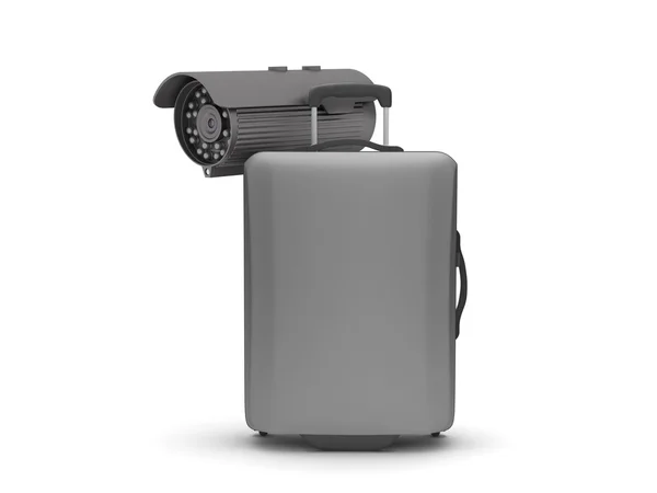 白い背景の上のスーツケースとセキュリティ ・ カム — ストック写真