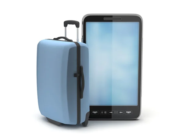 Travel bag and mobile phone on white background — Stock Photo, Image