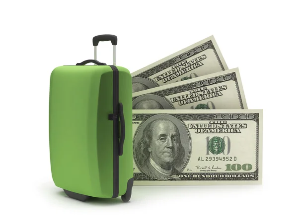 在白色背景上旅行袋子和美元的账单 — 图库照片