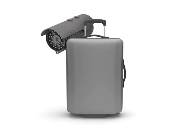 Bőrönd és biztonsági kamera fehér háttér — Stock Fotó