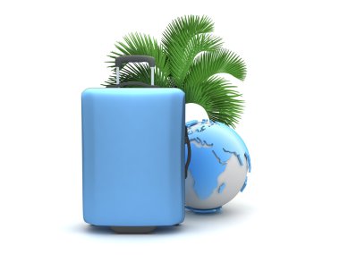 seyahat çantası, palmiye ağacı ve dünya küre üzerinde beyaz izole