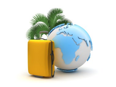 bavul, beyaz zemin üzerine dünya Küre ve palmiye ağacı