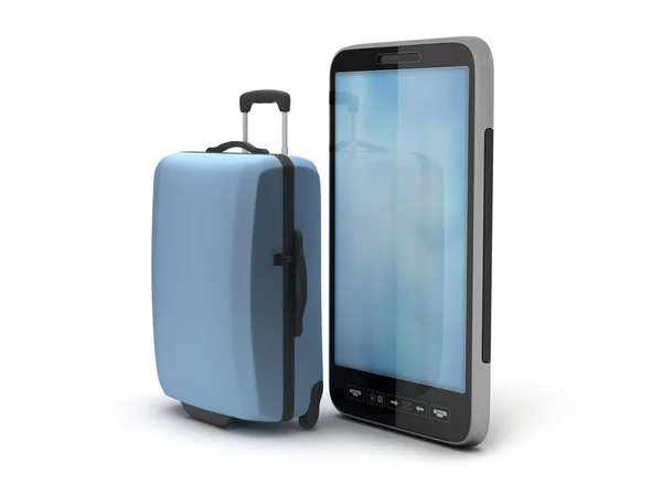 Cell phone and travel bag on white background — Stock Photo, Image