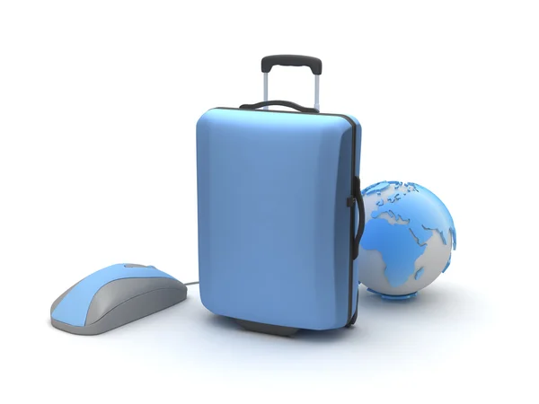 Travel bag, earth globe and computer mouse — Stock Photo, Image