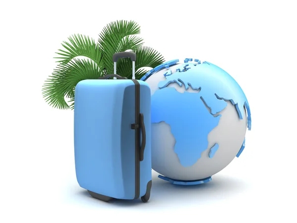 Travel Bagage, palm tree en earth globe — Stockfoto