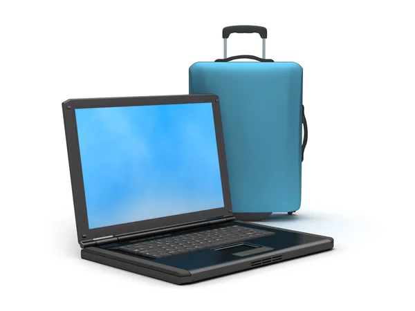 Koffer en laptop op witte achtergrond — Stockfoto