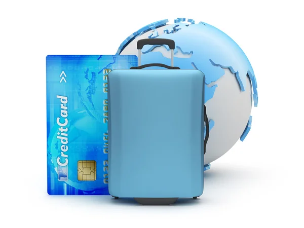 Koffer, creditcard en earth globe — Stok fotoğraf