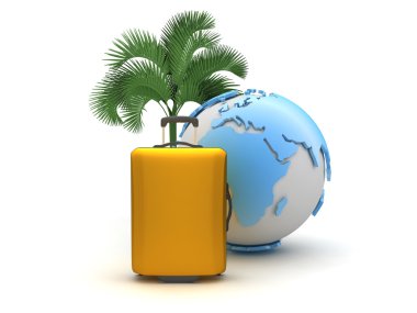 bavul, beyaz zemin üzerine dünya Küre ve palmiye ağacı