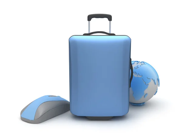 Koffer, computer muis en earth globe op witte achtergrond — Stockfoto