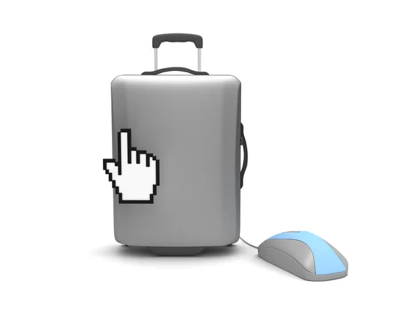 Bolsa de viaje, ratón de ordenador y mano del cursor sobre fondo blanco — Foto de Stock