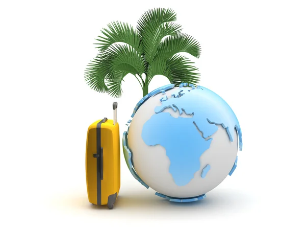 Bőrönd, a földi globe és a palm fa fehér háttér — Stock Fotó