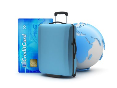 koffer, creditcard en earth globe