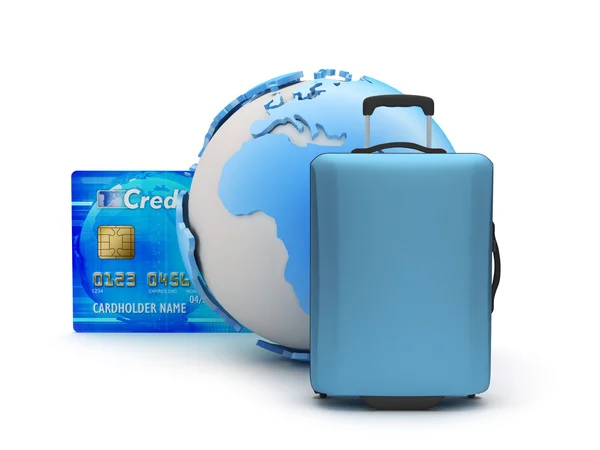 Equipaje, tarjeta de crédito y globo terrestre —  Fotos de Stock