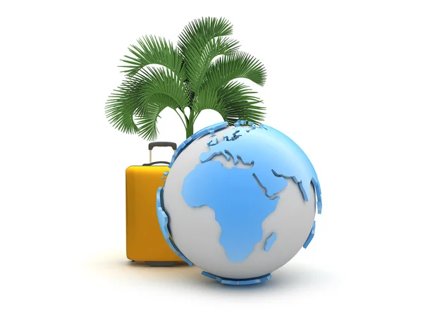 Mala, globo terrestre e palmeira sobre fundo branco — Fotografia de Stock