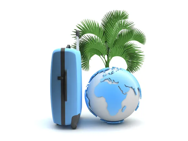 Resa bagage, palm träd och jord globe — Stockfoto