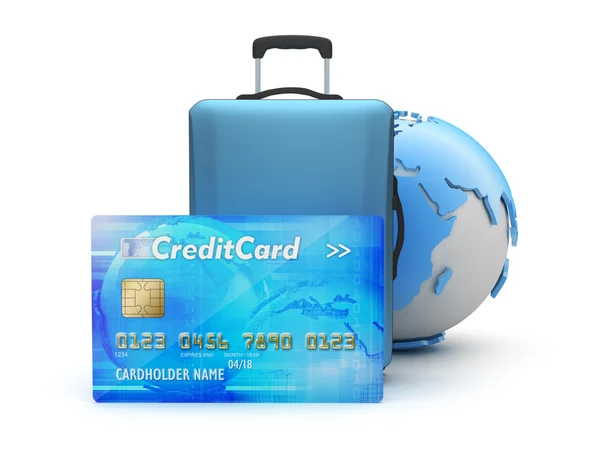 Erdkugel, Reisetasche und Kreditkarte — Stockfoto