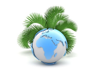 beyaz zemin üzerine dünya Küre ve palmiye ağacı