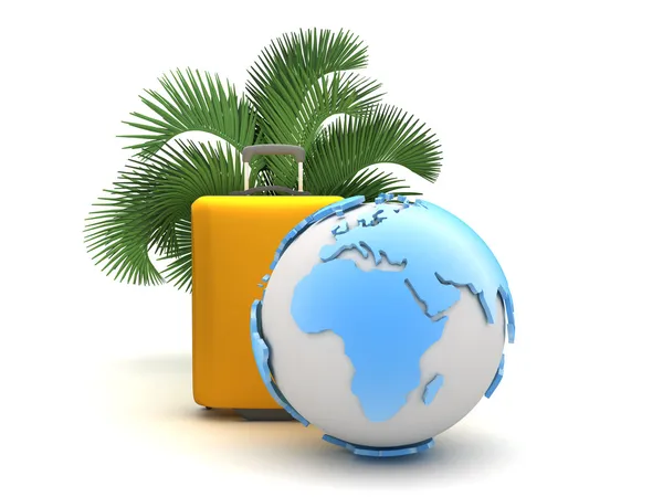 Suitcase, earth globe and palm tree on white background — Stock Photo, Image