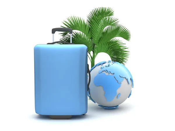 Travel bag, palm tree and earth globe isolated on white — Stock Photo, Image