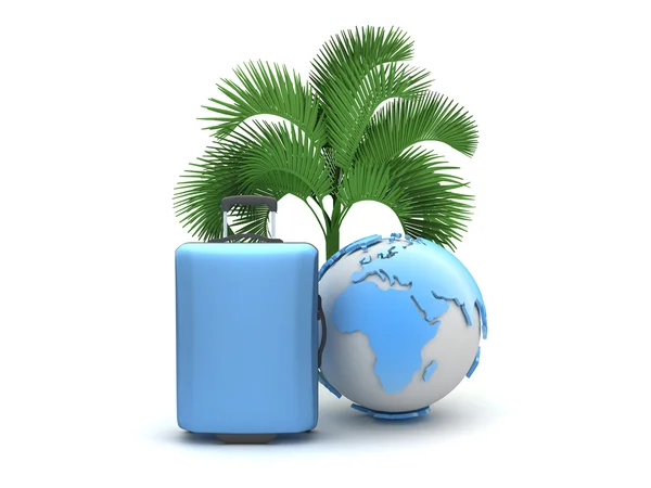 Travel bag, palm tree and earth globe isolated on white — Stock Photo, Image