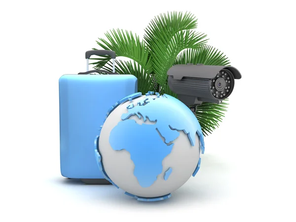 Suitcase, monitoring camera, palm tree and earth globe — Stock Photo, Image